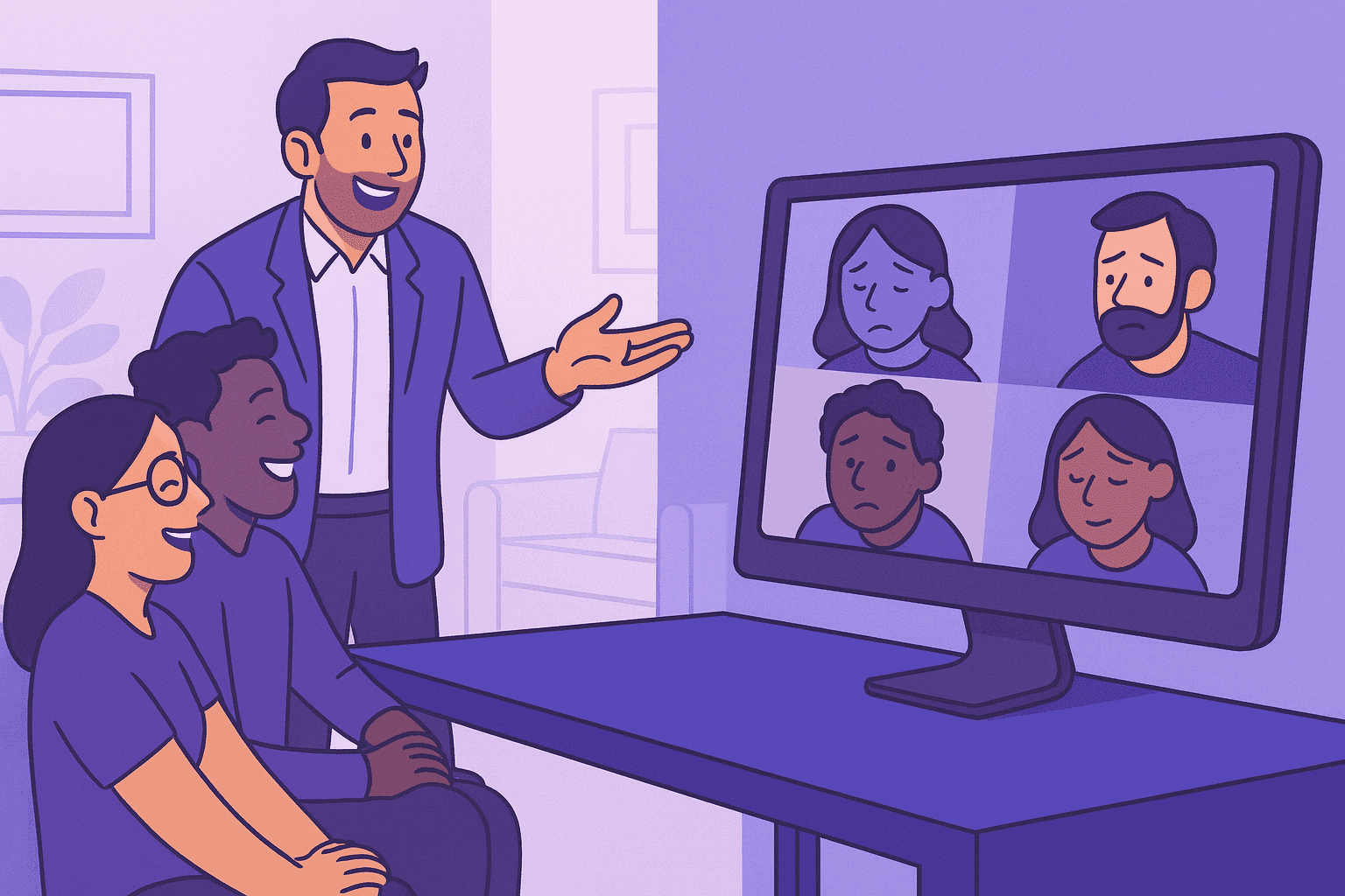 A digital illustration showing a leader laughing with two in-office employees while remote team members appear sad on a computer screen, symbolizing proximity bias and the exclusion of remote workers in hybrid workplaces.