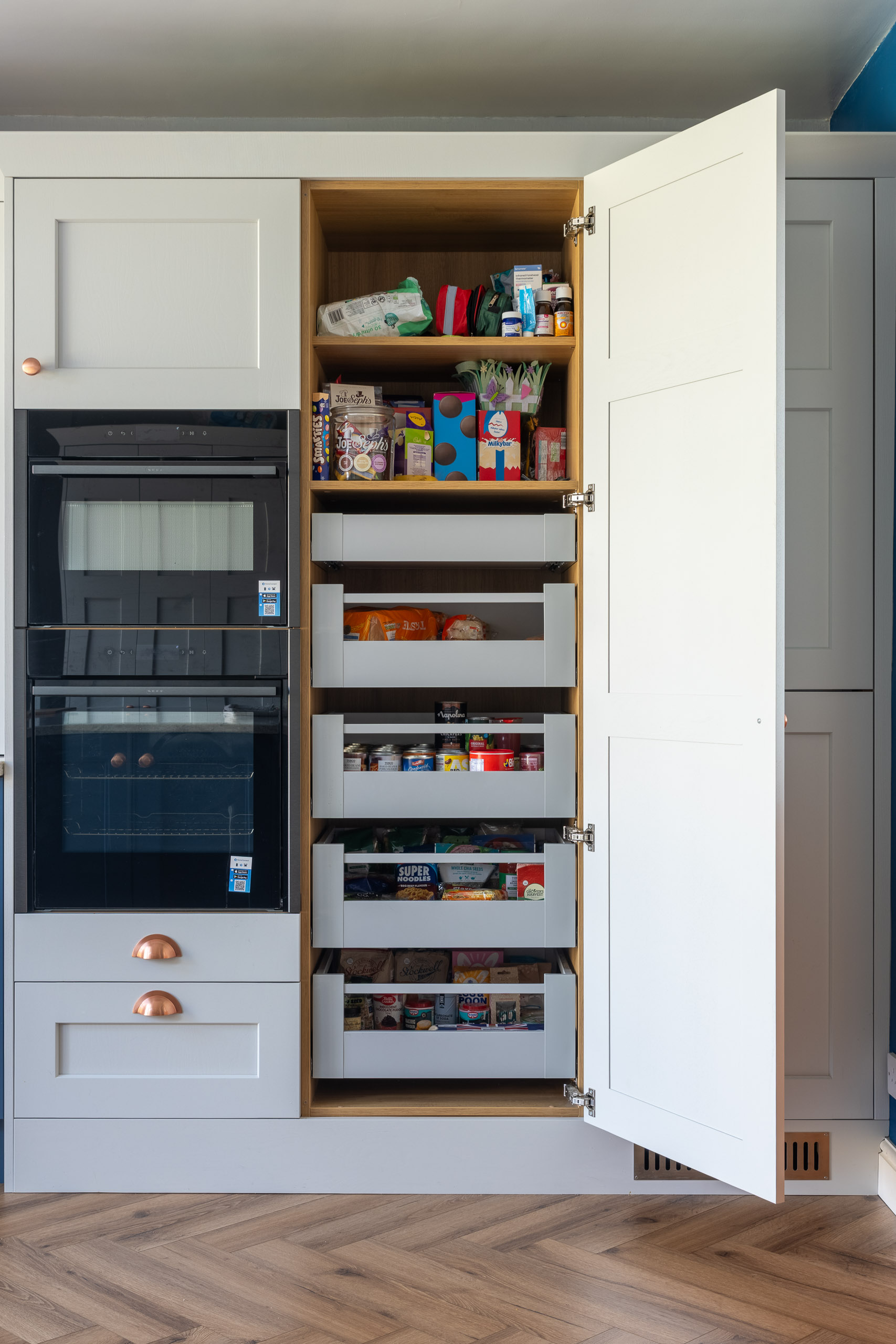 food larder with drawer system in shaker kitchen