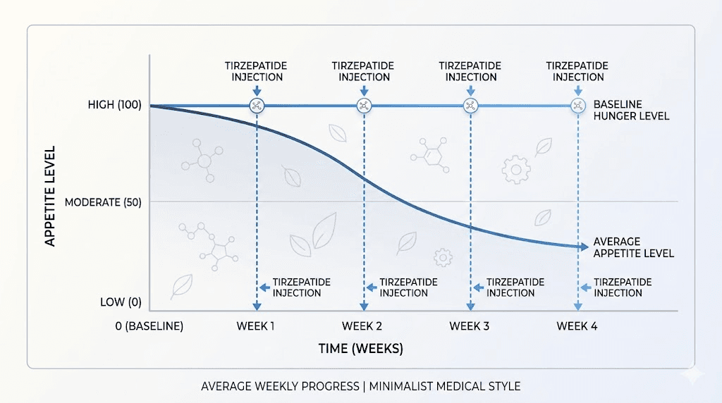 Tirzepatide appetite suppression graph showing reduction over first month