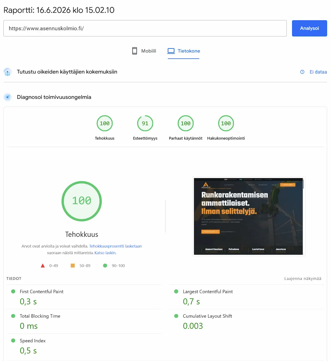 Googlen nopeustesti uusilla sivuilla: 100/100