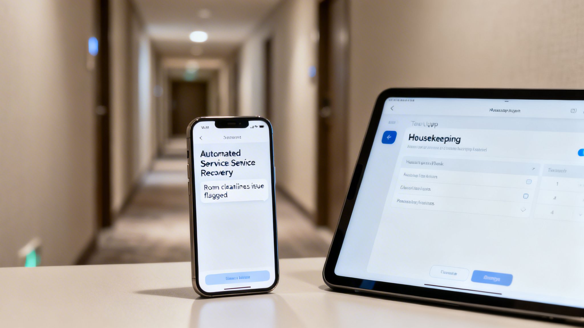 A smartphone and a tablet displaying hotel housekeeping and service recovery apps on a table.
