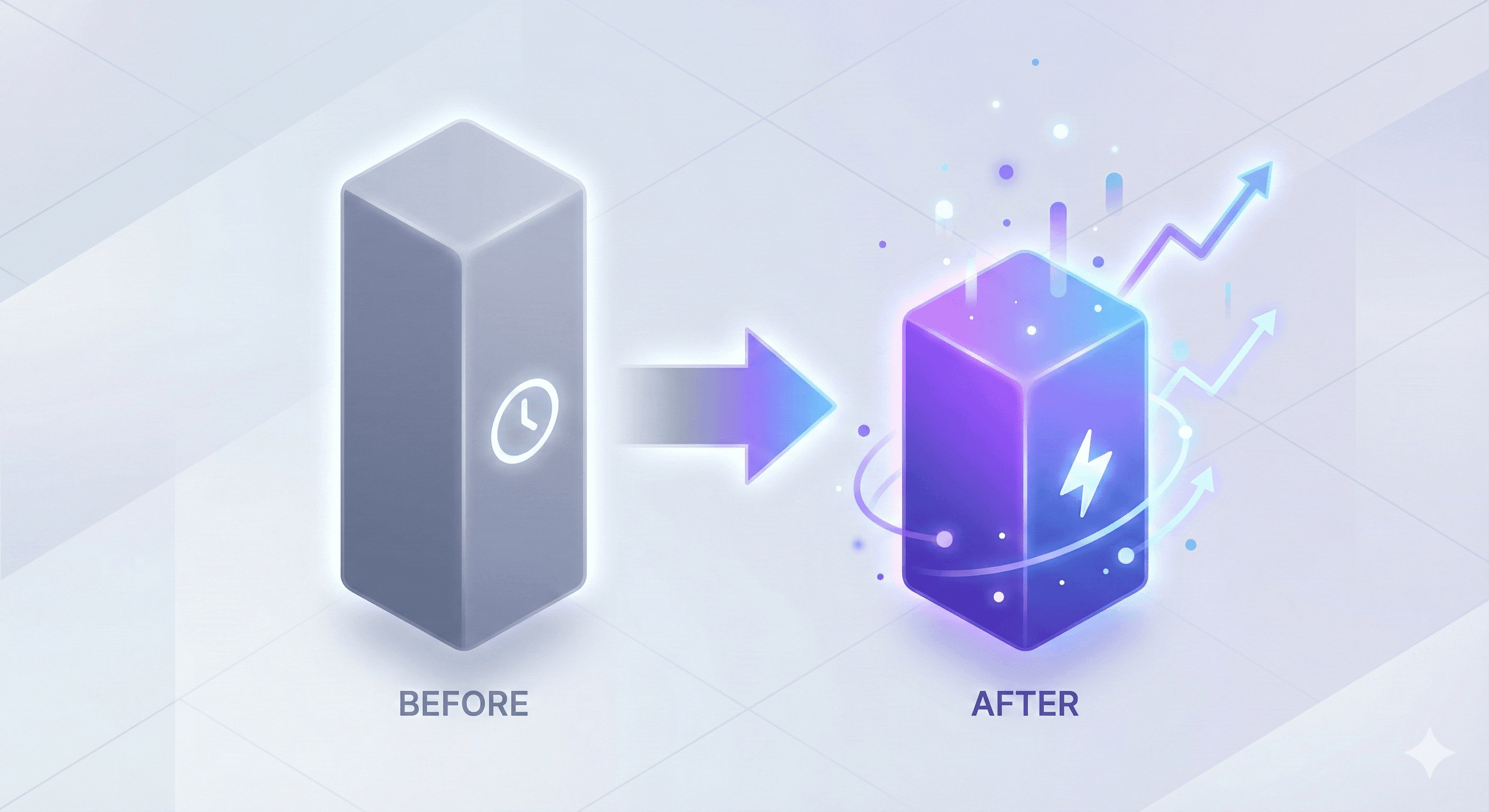 Veronix operational impact visualization. A 3D comparison showing a static grey block transforming into a glowing, high-energy purple block, representing the measurable efficiency gains and ROI from AI deployment.