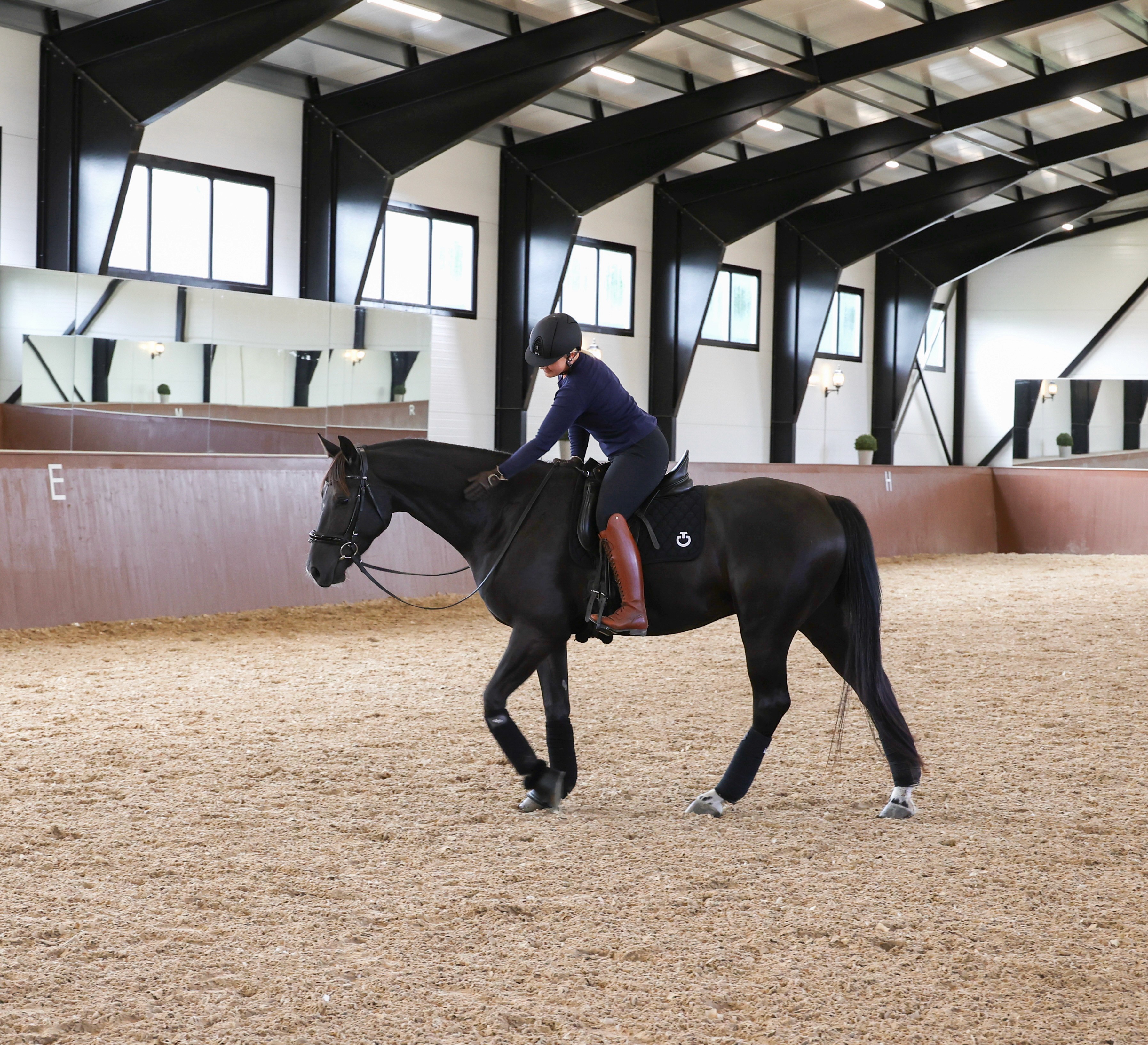 Woman riding a horse inside the manege