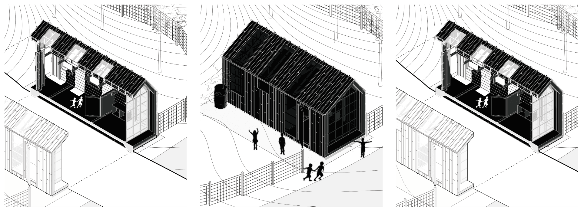 The redesigned paddock responds to Camp Winston’s users and environment, transforming a dark, noisy space through sensitive polycarbonate openings that introduce light and air.