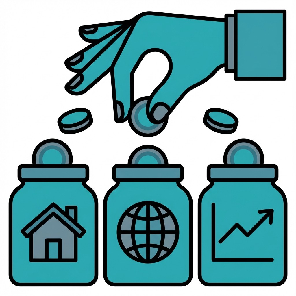 Eine Hand wirft Münzen in drei Gläser mit Symbolen für Haus, Weltkugel und Aktienkurs.