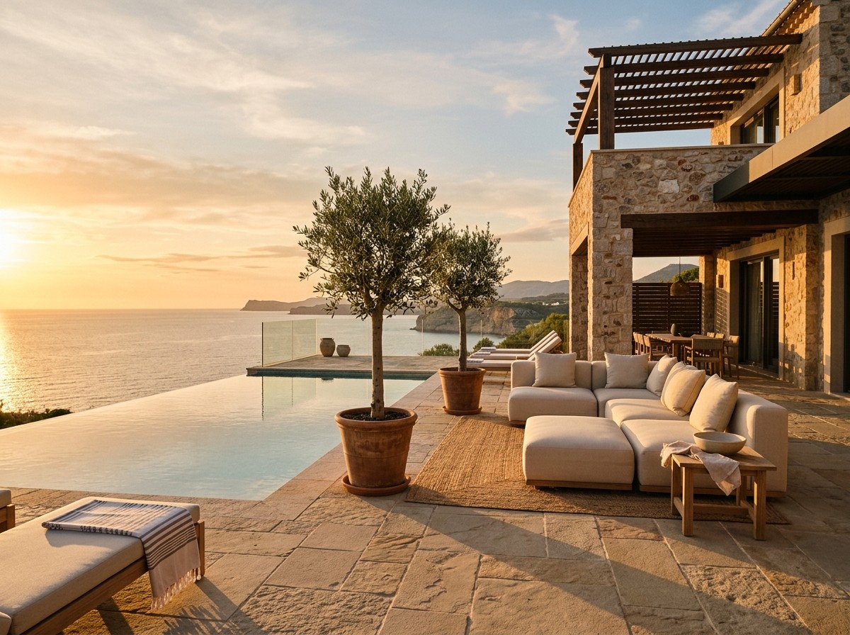 A terrace and infinity pool at sunset