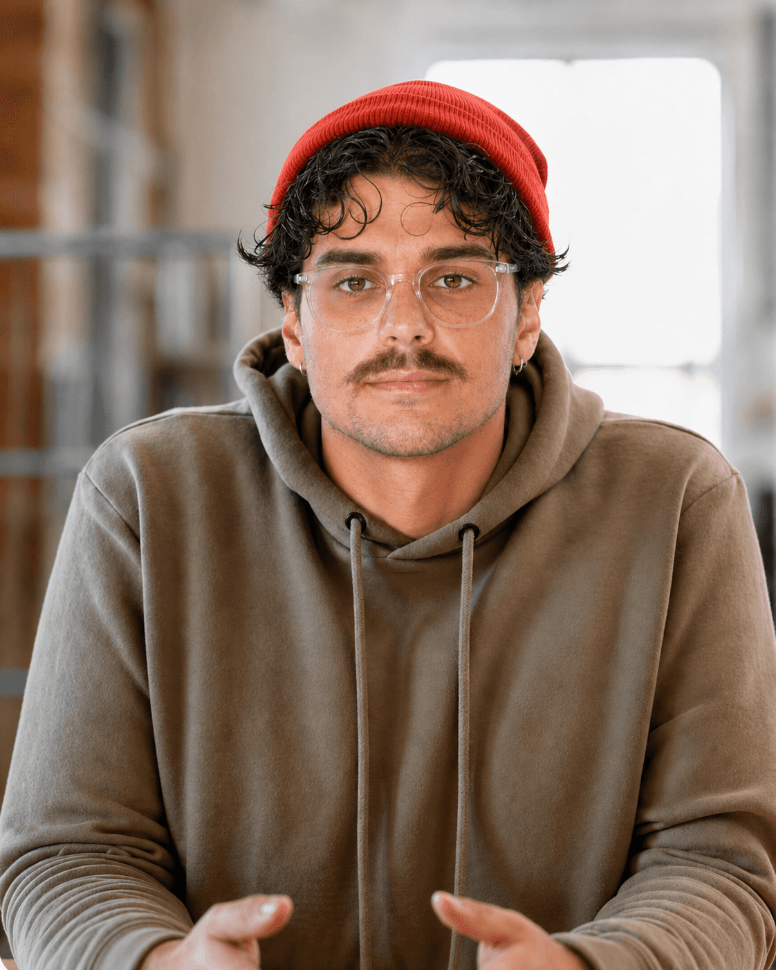 Blake Benfield, Neuro Stream growth consultant, sitting at a desk in a red beanie