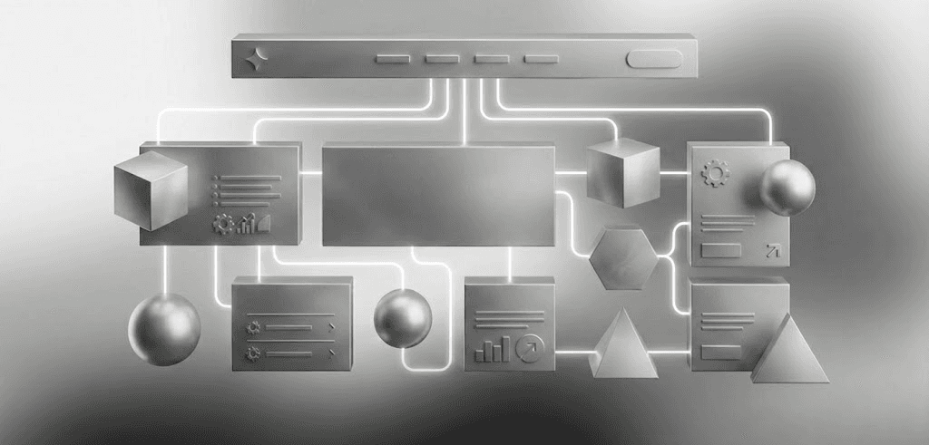 Ilustración 3D minimalista que representa la arquitectura de información de un mega menú, mostrando bloques de contenido interconectados por líneas de flujo para simbolizar una navegación UX organizada.