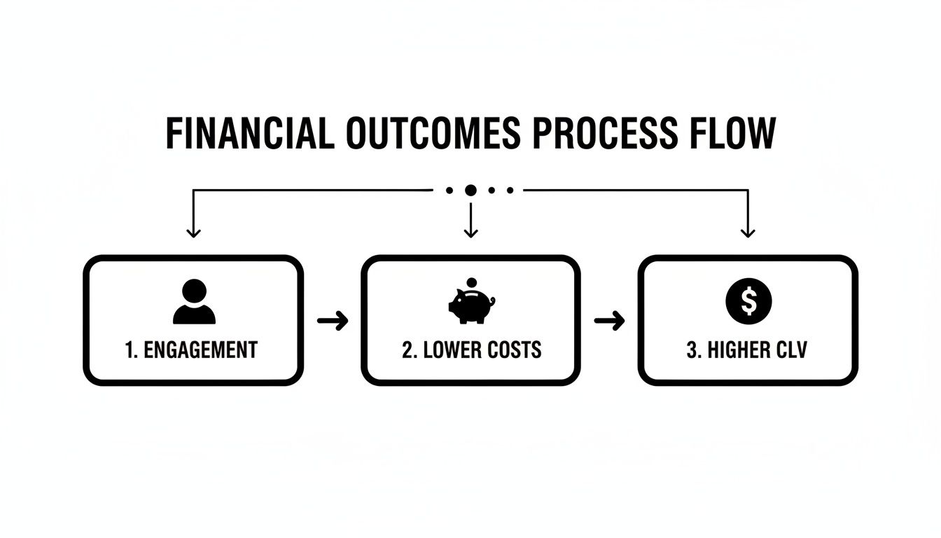 A financial outcomes process flow diagram illustrating three sequential steps: 1. Engagement, 2. Lower Costs, 3. Higher CLV.