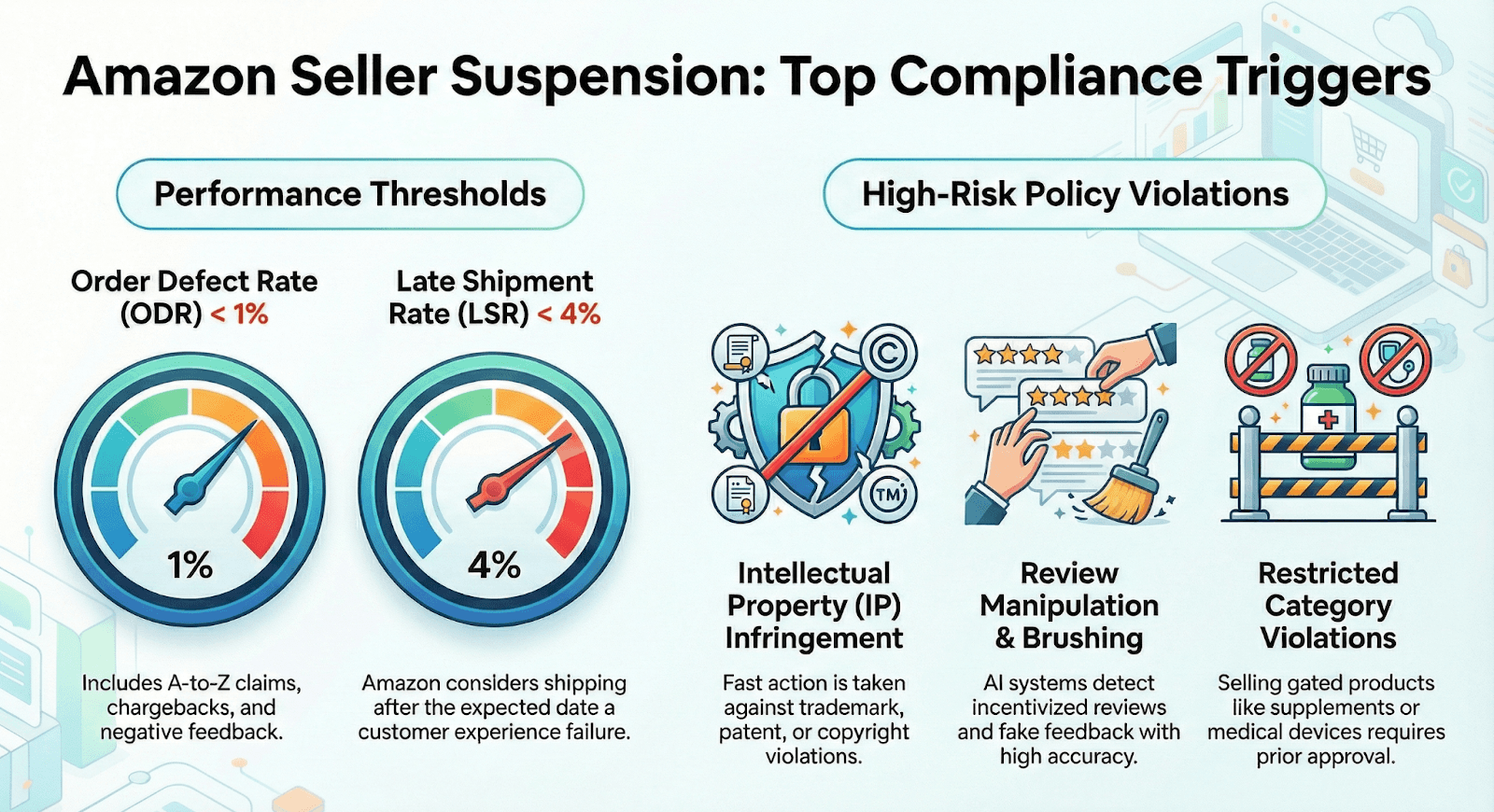 Amazon seller suspension compliance triggers infographic