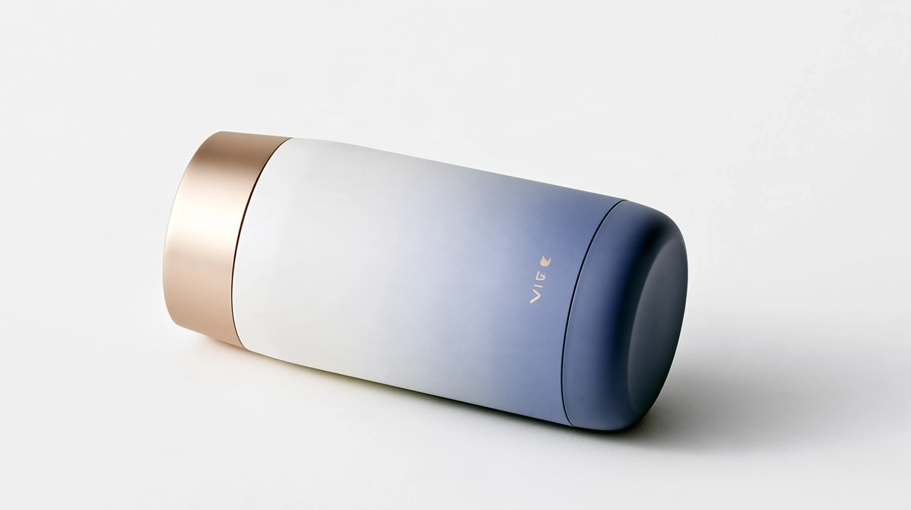 White-to-blue gradient container lying on its side, with a gold cap and dark blue base.