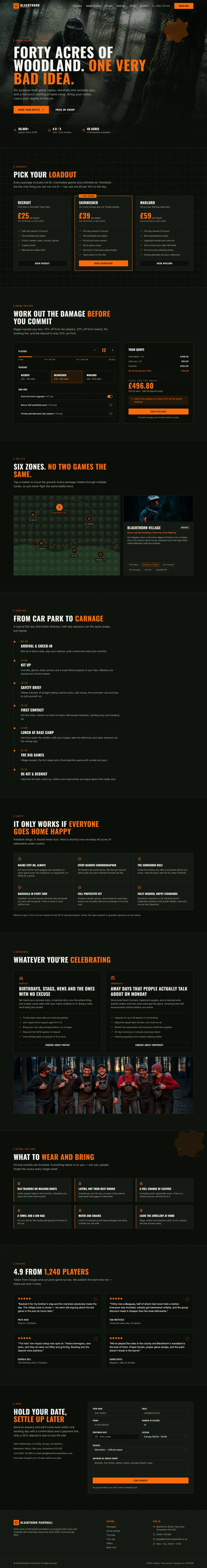 Full paintball website design: woodland hero, packages, game zones, safety, party booking
