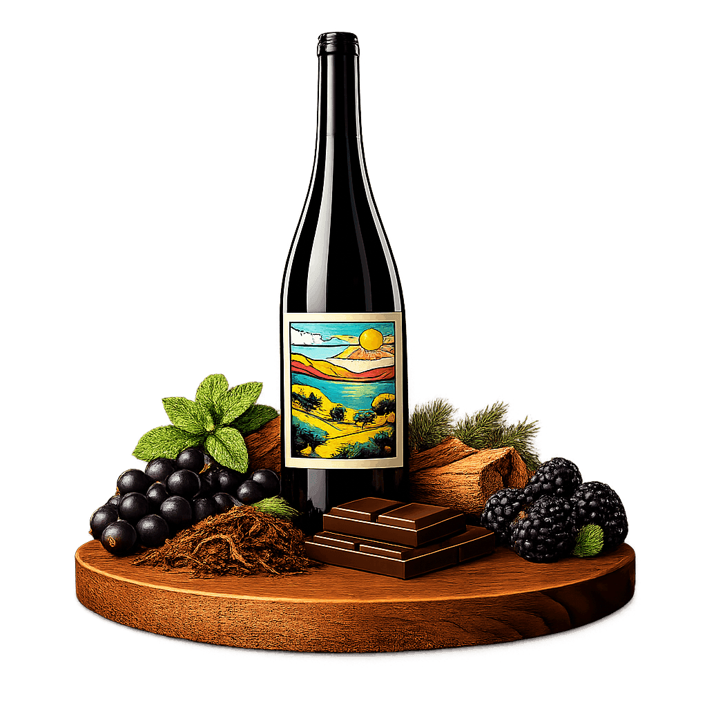 Artistic label and flavor profile for Galilee Cabernet Sauvignon on a rustic wooden table.