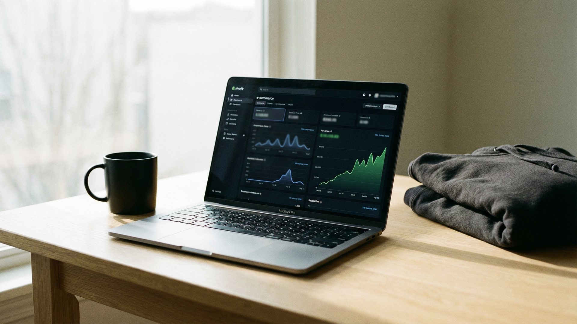 A MacBook Pro open on a clean, minimal white oak desk, the screen showing a sophisticated e-commerce analytics dashboard with multiple line charts and a revenue graph trending upward, a matte black ceramic coffee mug to the left, and a folded charcoal heavyweight hoodie to the right, with soft diffused natural morning light.