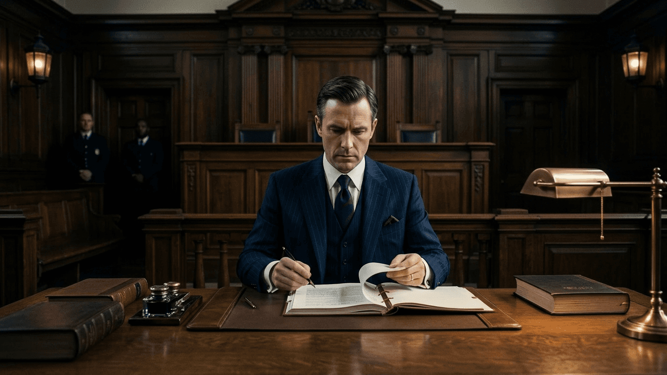  Barrister criminal lawyer reviewing case documents in courtroom