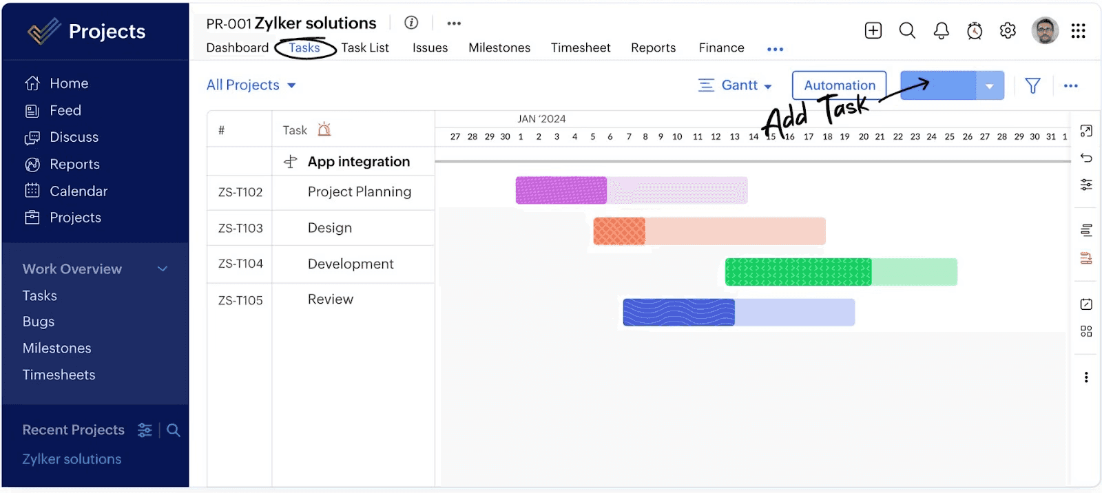Zoho Projects' Gantt chart for managing agile tasks