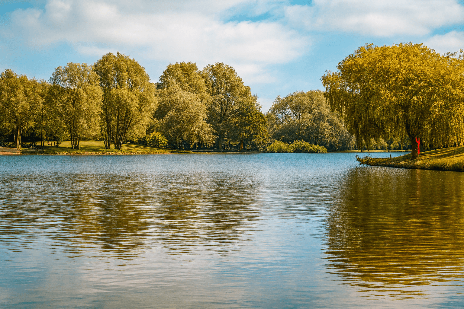 A view across lake in summer with trees in the background