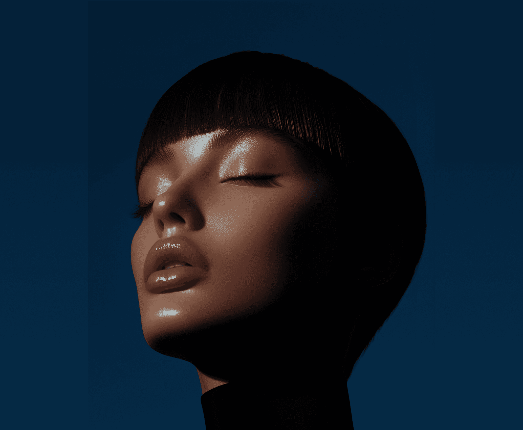 Woman with glossy skin and bowl cut. Beauty