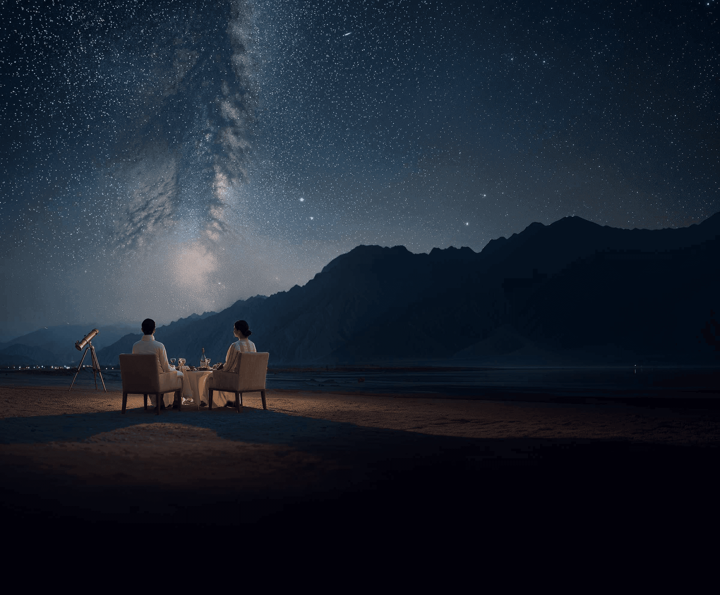 Couple sitting under night sky