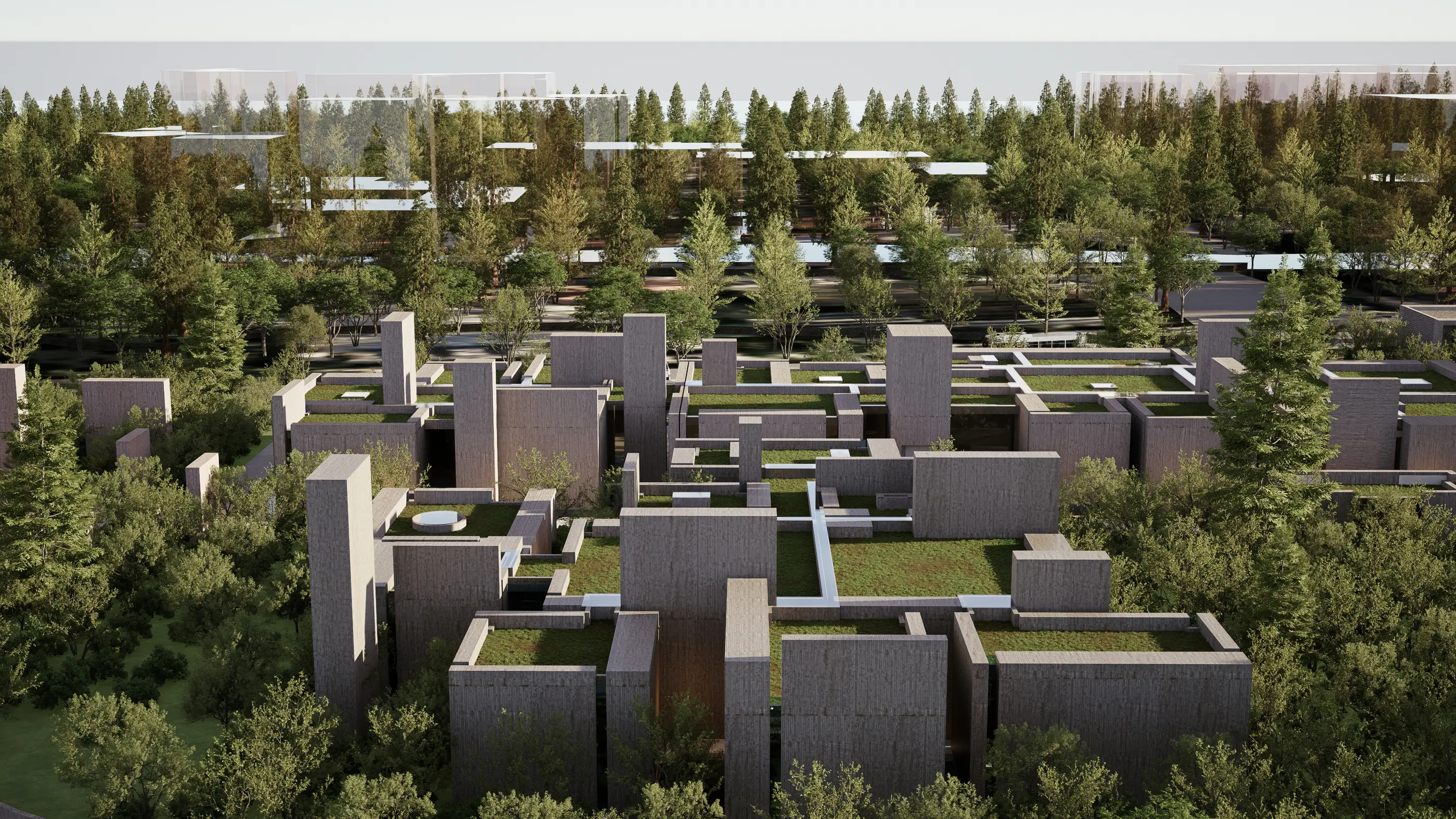 Close aerial view of museum units of varying heights with green roofs