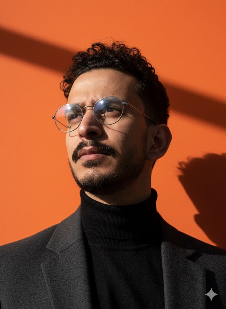 Young man with glasses and a beard looks thoughtfully to the side against a vibrant orange wall. He wears a black turtleneck and blazer.