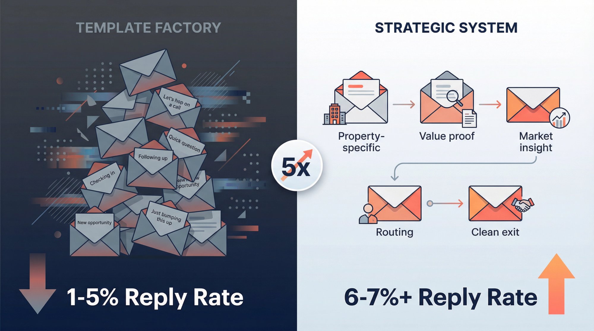 Split-panel editorial illustration contrasting chaotic template-based CRE cold emails with strategic personalized outreach