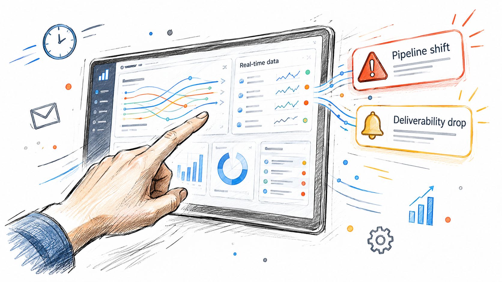 A sketched illustration showing a hand interacting with a digital data dashboard featuring charts and alerts.