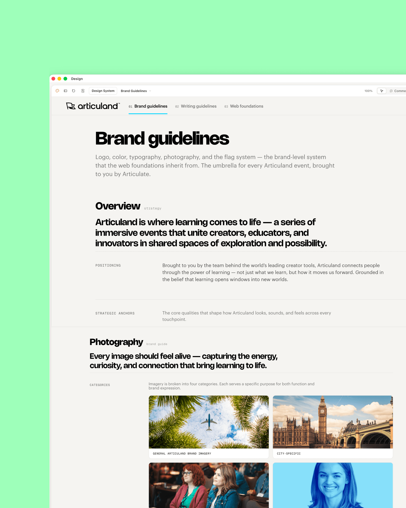 A screenshot of the Articuland brand guidelines site defining photography categories, from general brand imagery to speaker headshots.