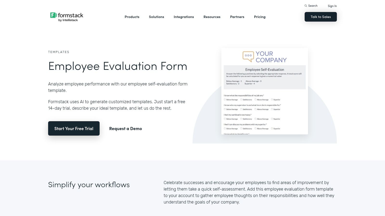Formstack employee self evaluation form webpage