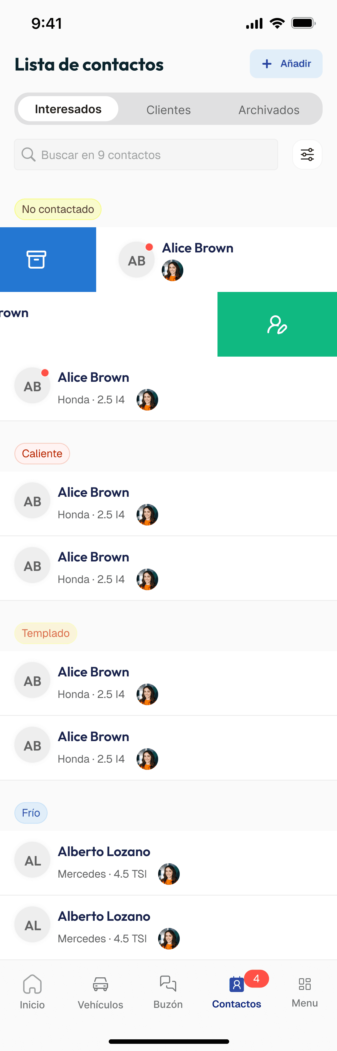 Screenshot of a contact list on a mobile phone displaying contact names, status indicators and profile pictures.