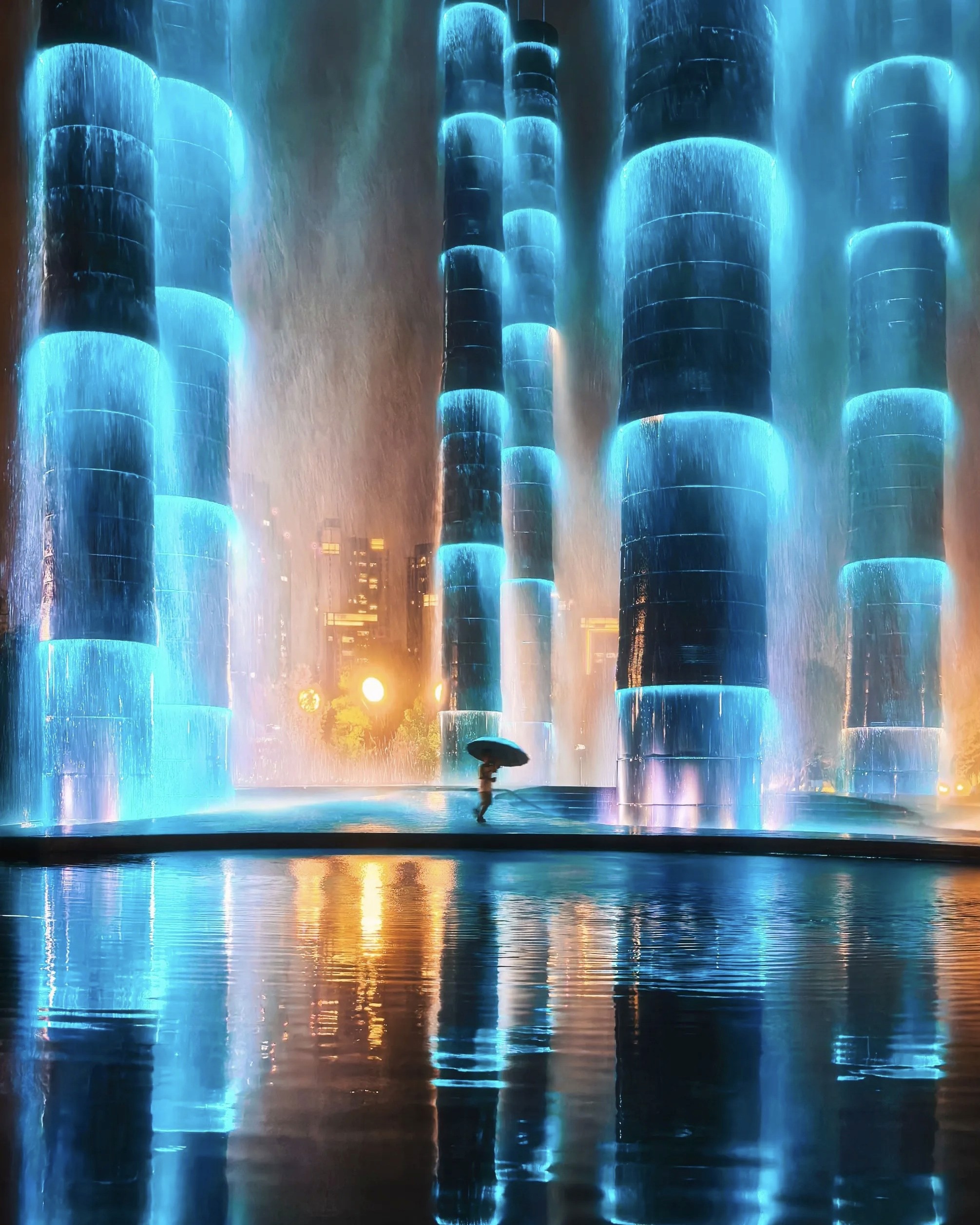 Vitality Tower with glowing blue waterfall fountain at night