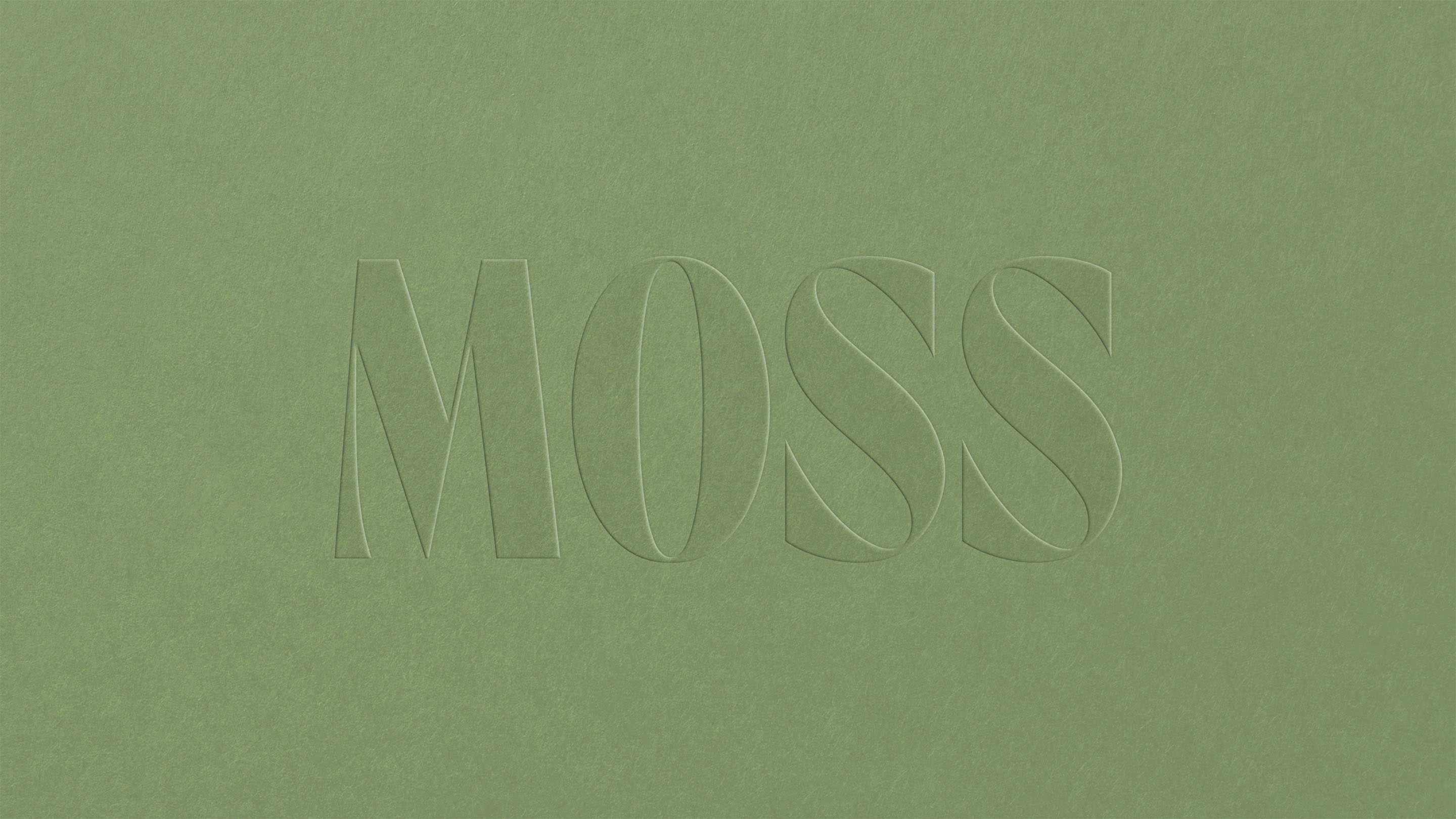 Moss logotype embossed on sage green textured background