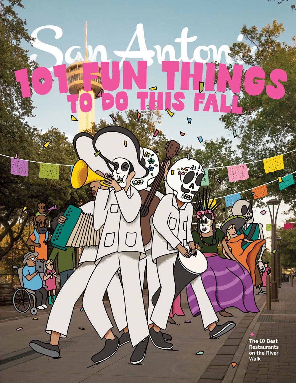 Cover for San Antonio Magazine depicting a day of the dead parade