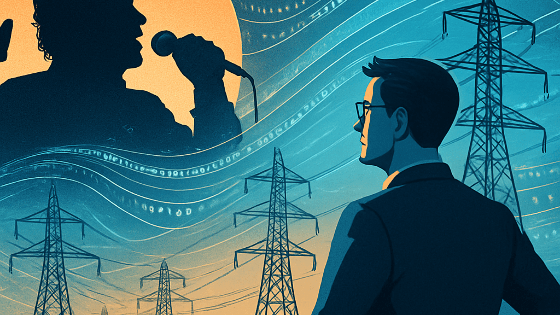 Ilustración conceptual de un gerente industrial observando un sistema eléctrico digitalizado, con fondo de red eléctrica y una silueta artística de Juan Gabriel, representando la conexión entre la inspiración cultural y el cumplimiento técnico del Código de Red.