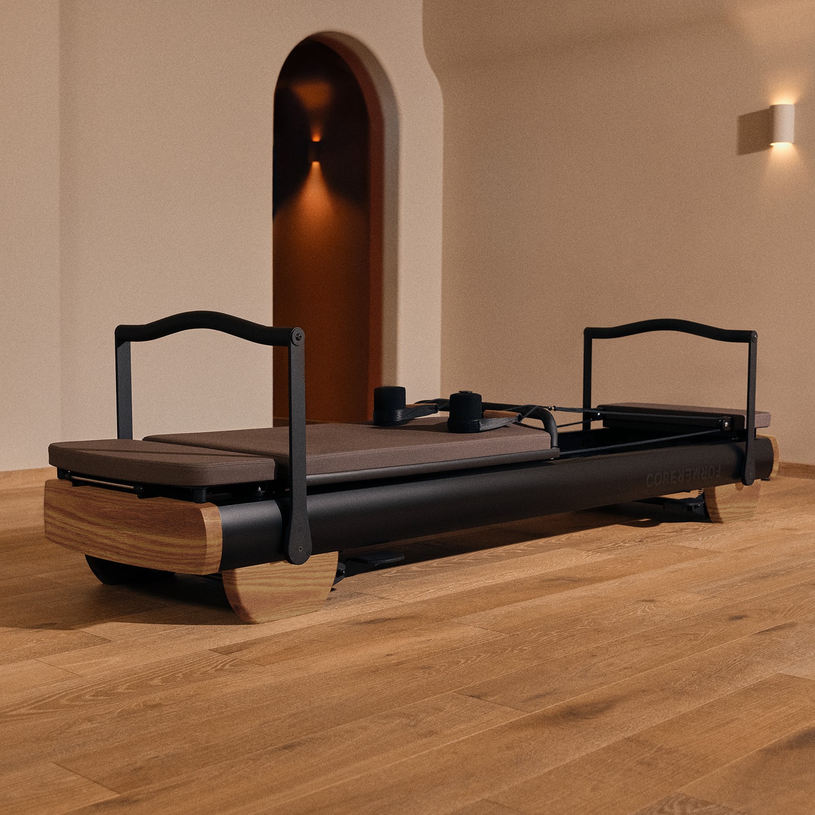 Woman with flowers amidst red hues.