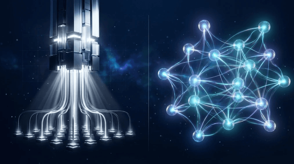 Comparison of centralized versus decentralized AI development architectures showing distributed network nodes