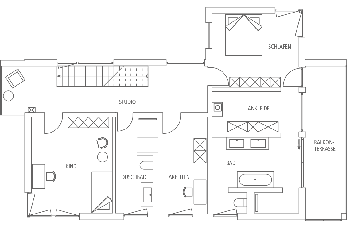 Grundriss einer Wohnung mit Studio, Wohnbereich, Schlafzimmer, Ankleide, Bad, Duschbad, Balkon-Terrasse und Arbeitsbereich.