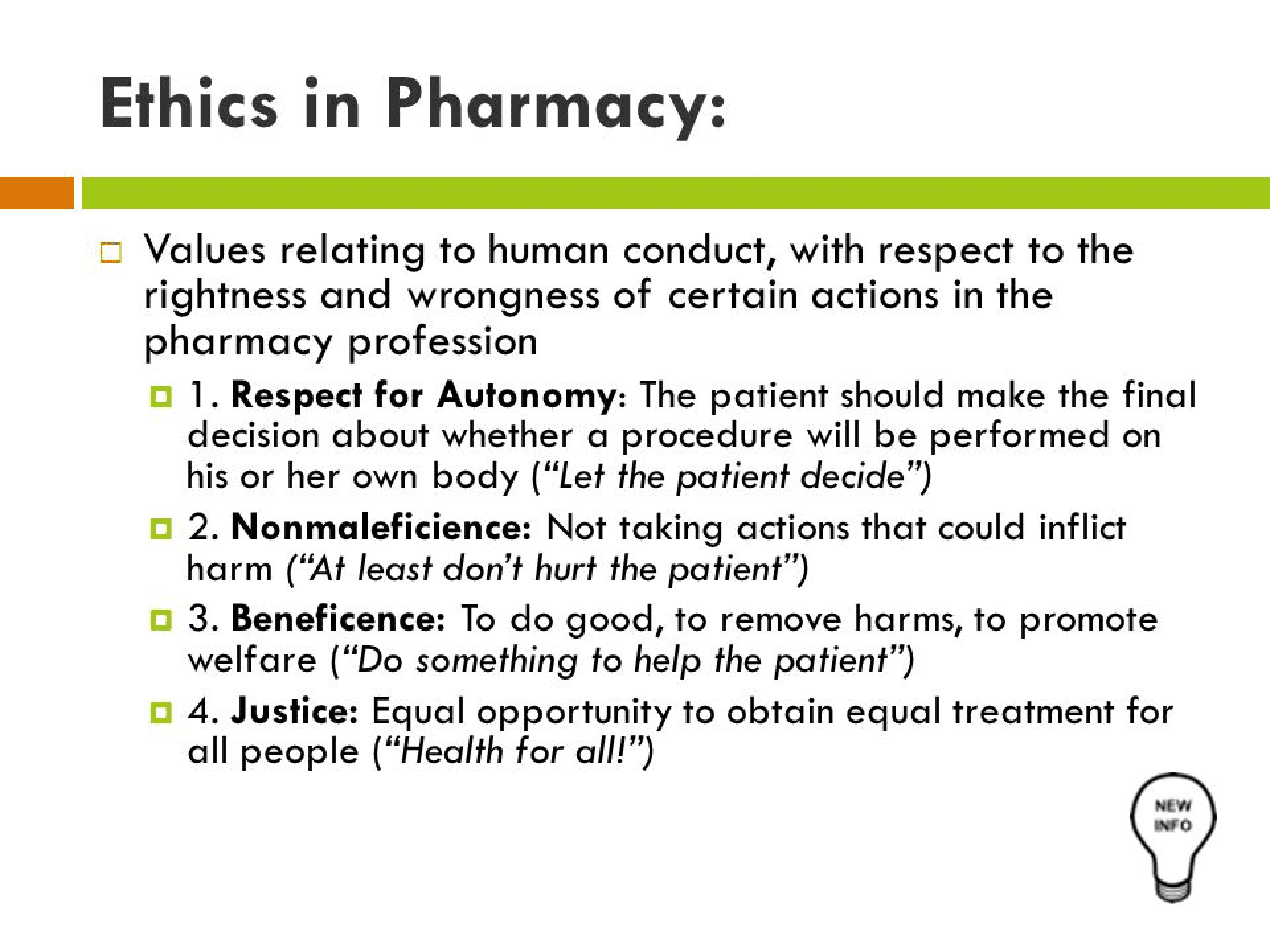 Ethics in pharmacy explaining autonomy, nonmaleficence, and justice