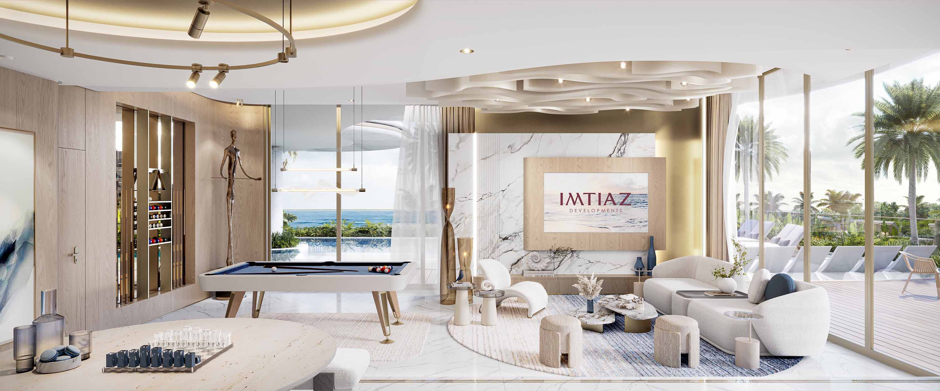 A modern living room in Sunset Bay, Dubai, featuring a pool table and a stylish couch against a sunset backdrop.