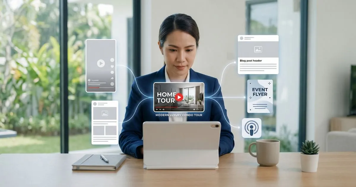 Real estate agent organizing a social media content calendar and scheduling posts on a tablet.