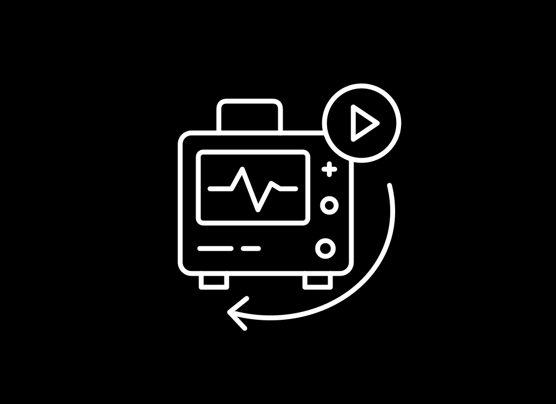 White line icon of a medical monitor with a heartbeat trace, play button and curved animation arrow on black.