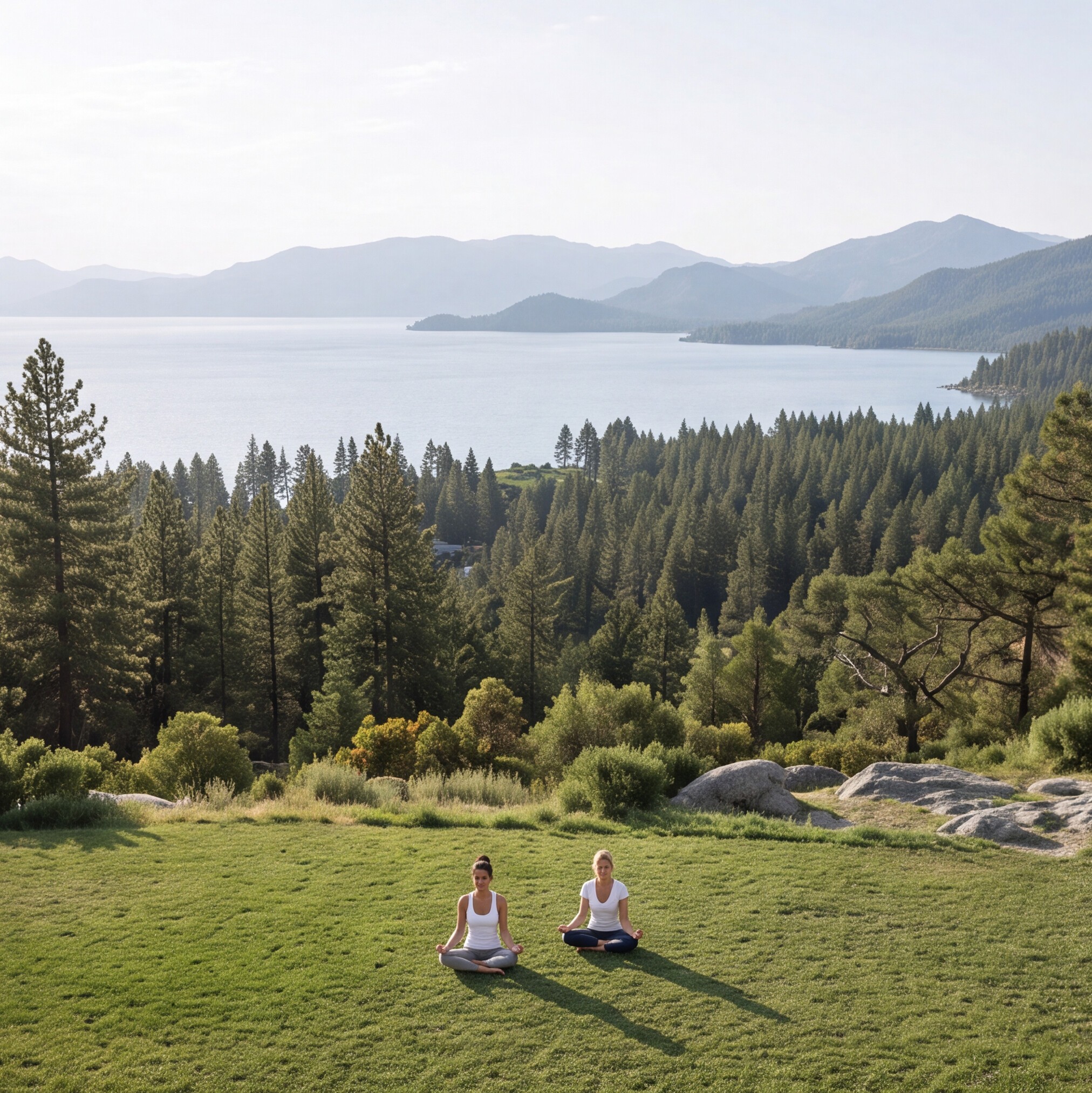 Distant view of two people meditating cross-legged on a grassy lawn overlooking a pine forest, lake, and distant mountains.