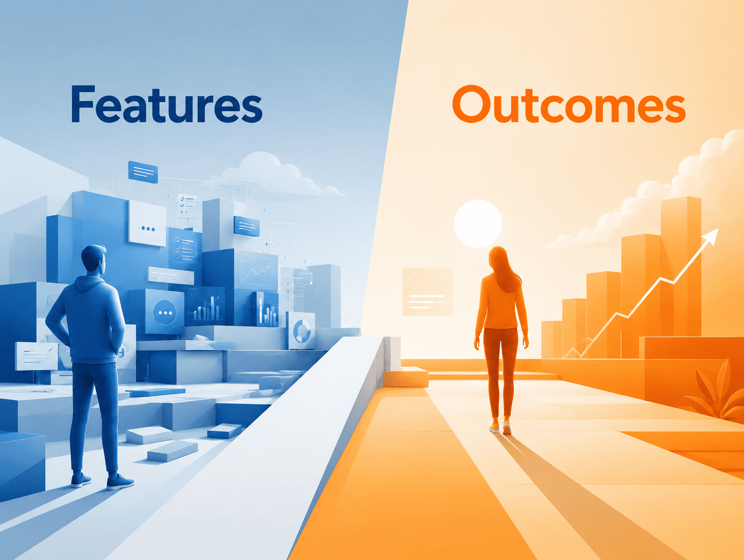Illustration comparing feature-focused products with outcome-driven growth and measurable business impact.