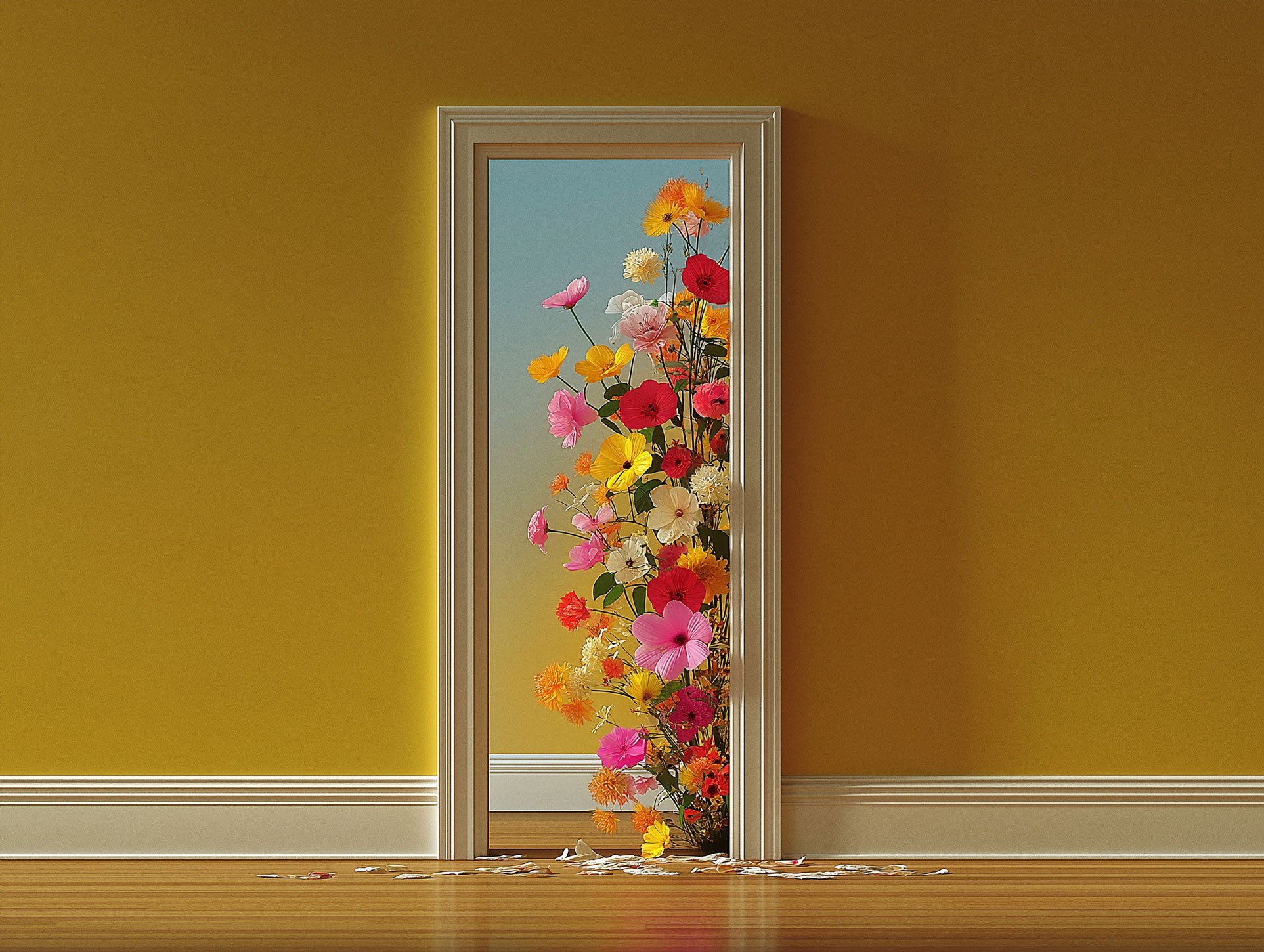 Open yellow door revealing view of wildflowers against warm orange wall with window