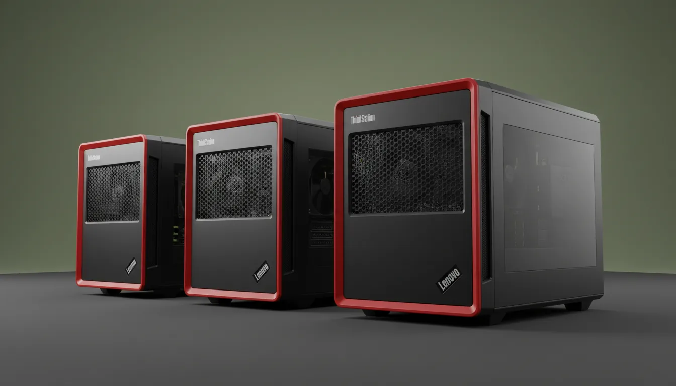 DSLR product photography of three Lenovo ThinkStation P-series workstations lined up in a row from a three-quarters perspective. The high-performance PC towers feature a matte black metal chassis, a vibrant red front frame, and a prominent black honeycomb mesh grille. The scene is illuminated by soft studio lighting, creating clean, subtle reflections. The entire composition is in sharp focus against a minimalist two-tone studio backdrop with a muted green top and dark grey bottom.