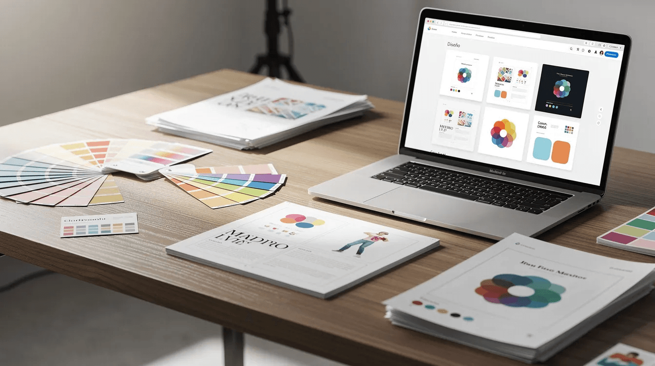 La imagen muestra una mesa de trabajo organizada con muestras de colores, papeles impresos y una computadora portátil que exhibe diseños, reflejando el proceso de rediseño de marcas. Este entorno creativo sugiere un enfoque en la identidad y la transformación de la empresa.