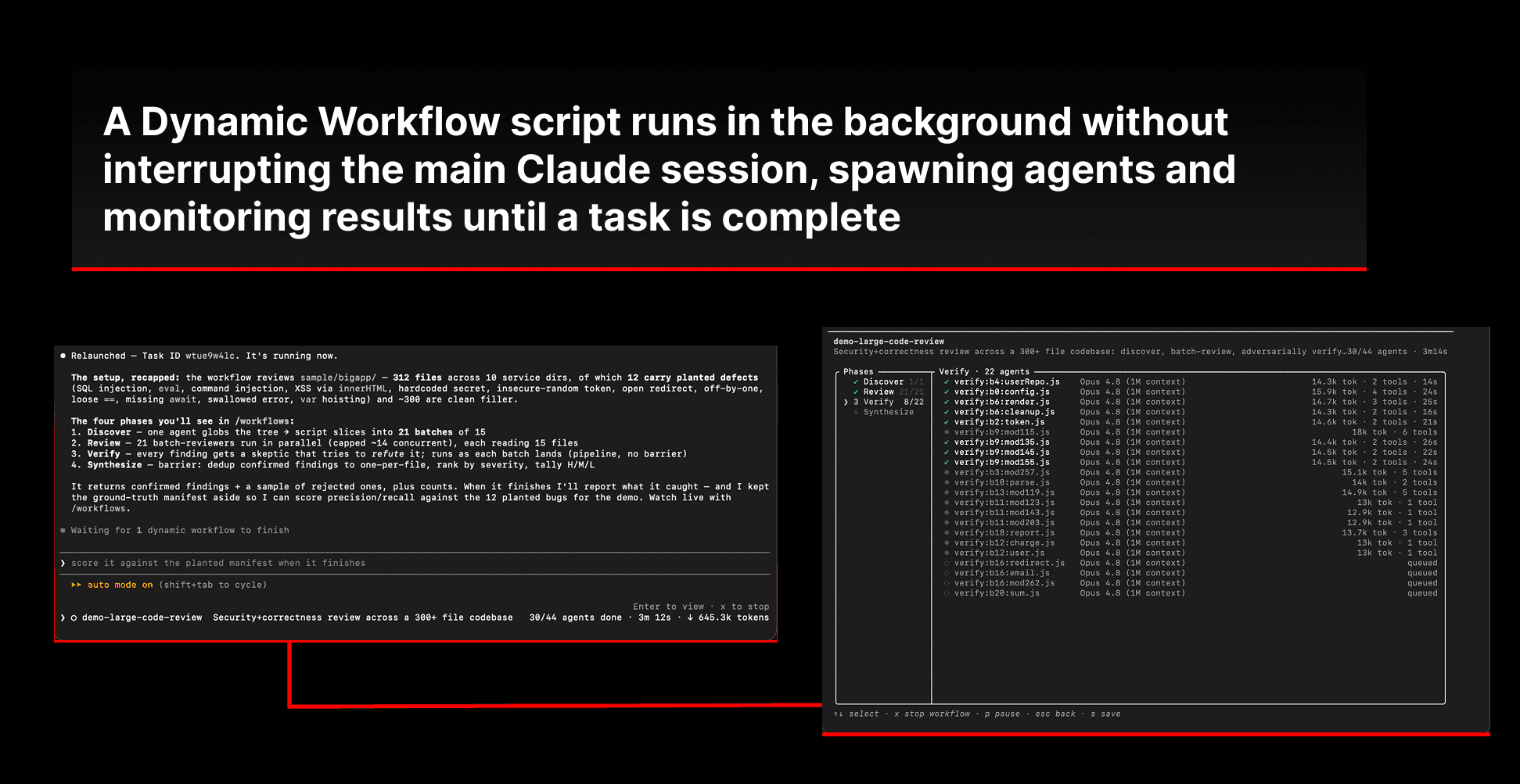 An example dynamic workflow executes, orchestrating agents in the background while the user can keep interacting with Claude.