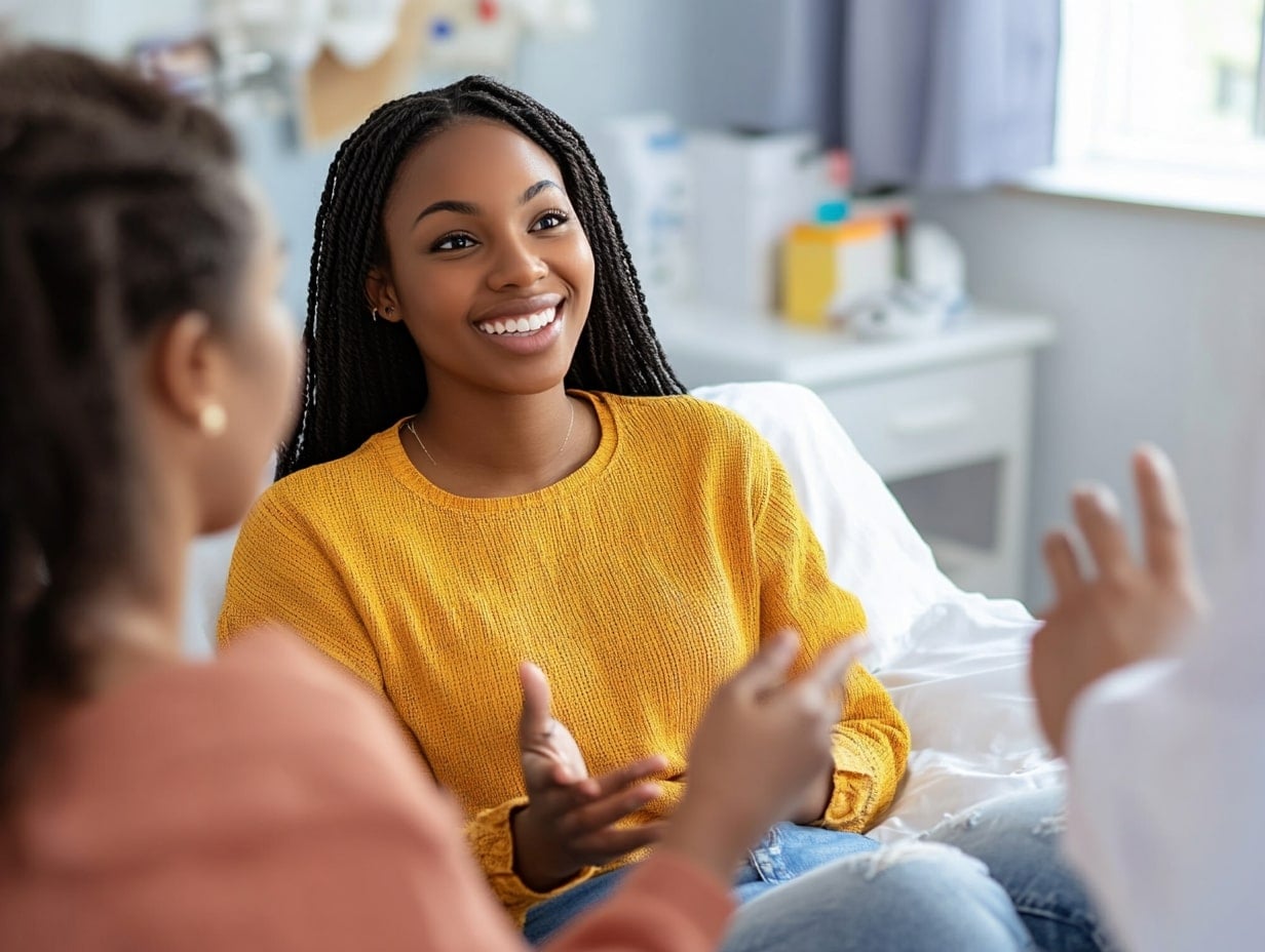 Black woman lying on bed and speak with doctor