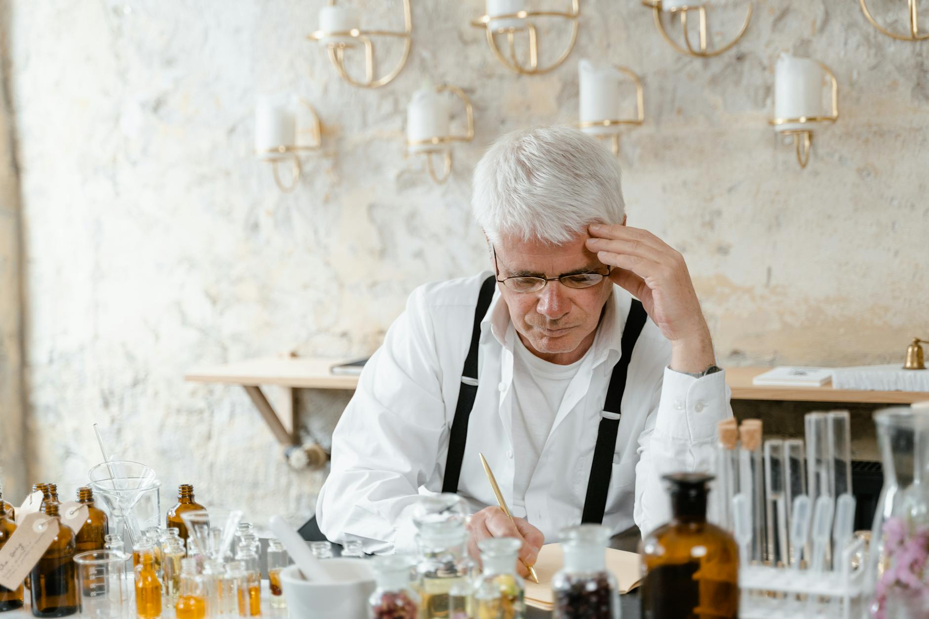 An elderly man examines fragrance samples in a laboratory setting, focusing on research and chemistry.