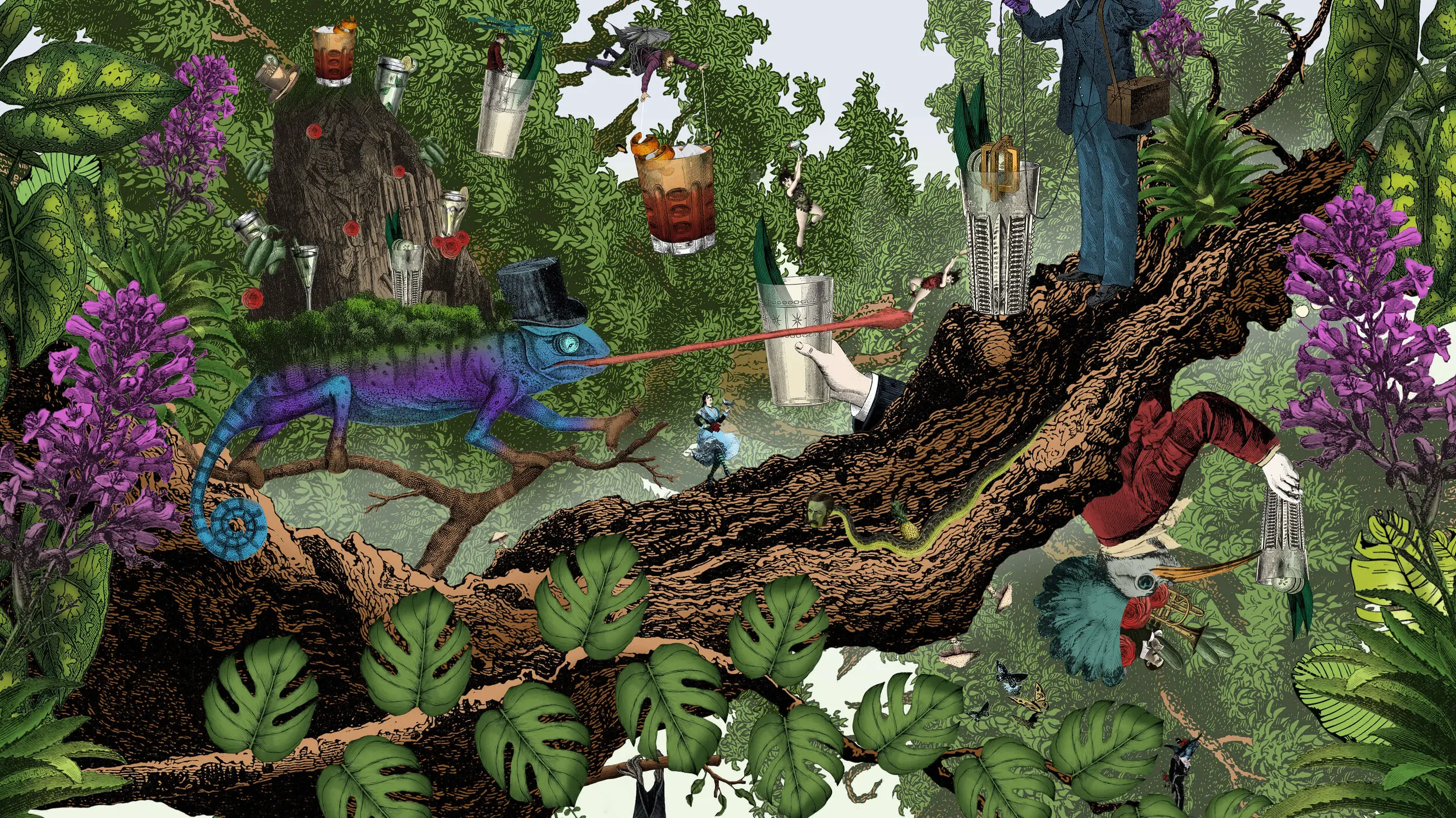 Illustrated surreal jungle scene, colourful with lots of strange creatures
